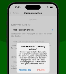 Zeigt die Ansicht der App zum Anstoßen der Prüfung für das Löschen